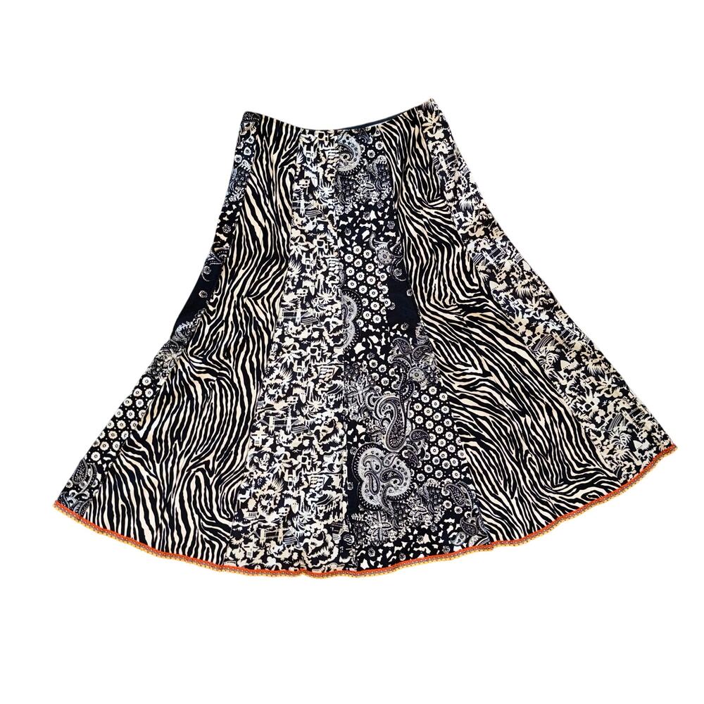 Vintage Y2K Mixed Print Patchwork Midi Skirt Pom Pom Hem Size 6 Boho Eclectic